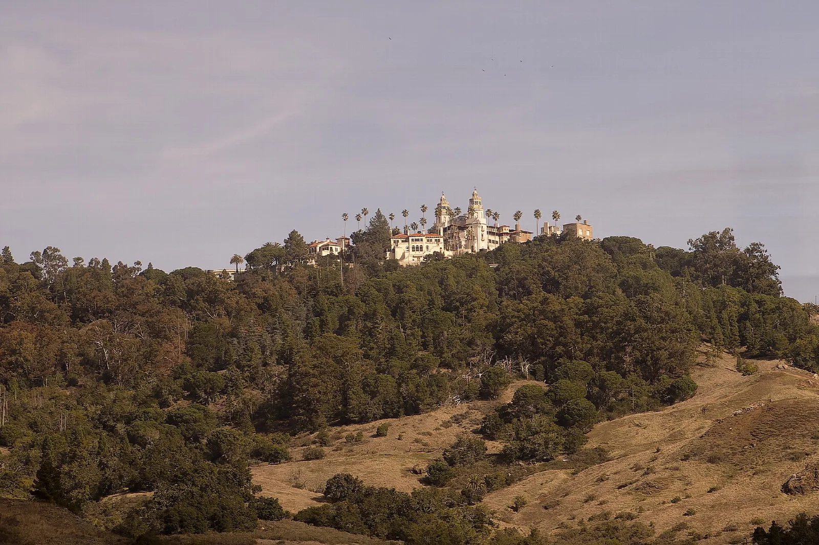 White castle on a distant hilltop above oak woods and dry grass