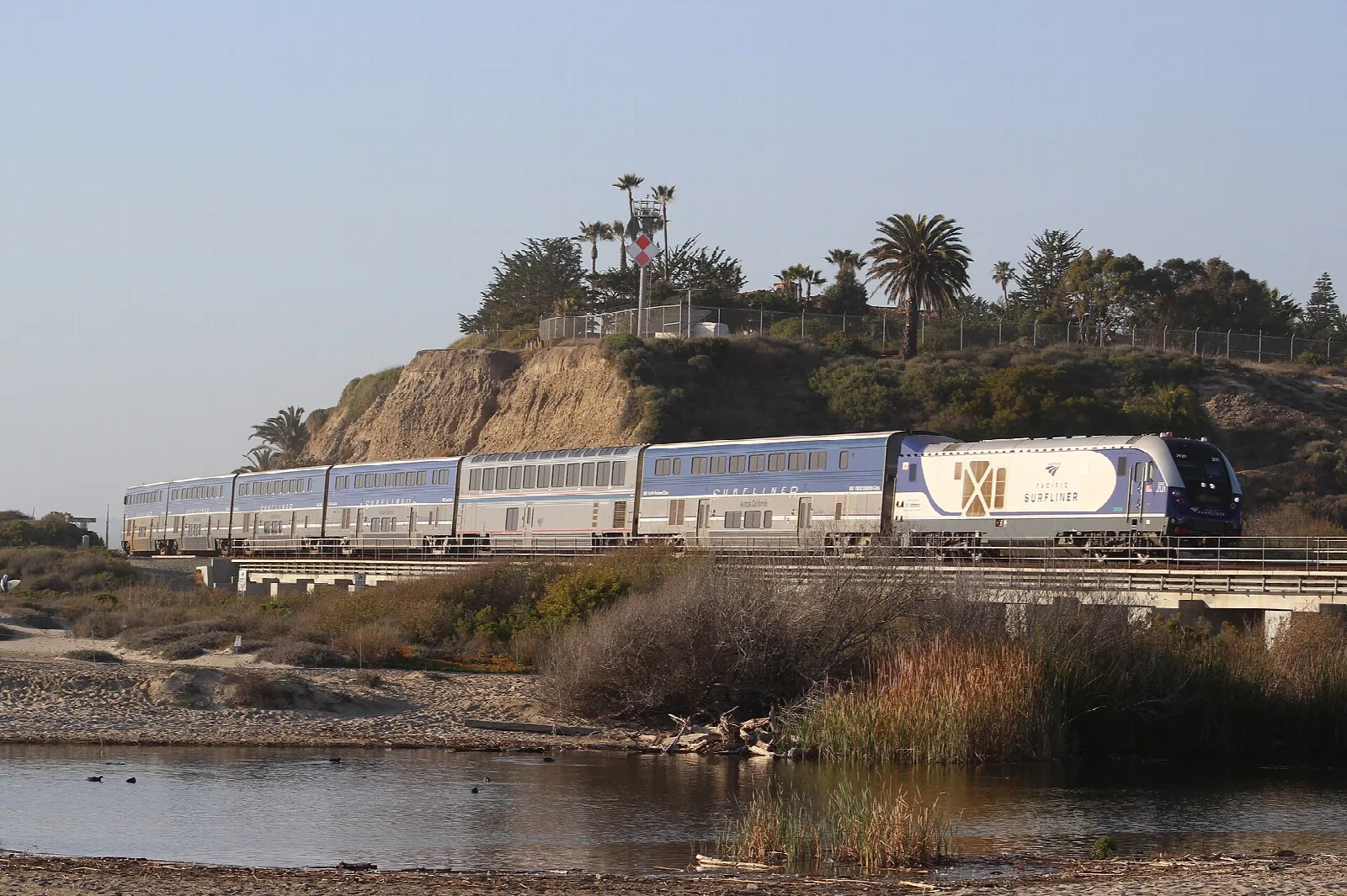 Train passing a palm-topped bluff above a lagoon