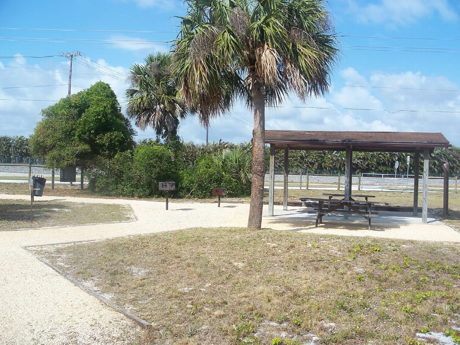 Picnic shelter with tables beside a paved path and palms