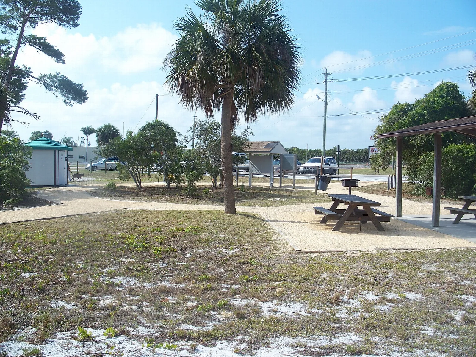 Picnic table under a shelter by a palm, with a small building behind