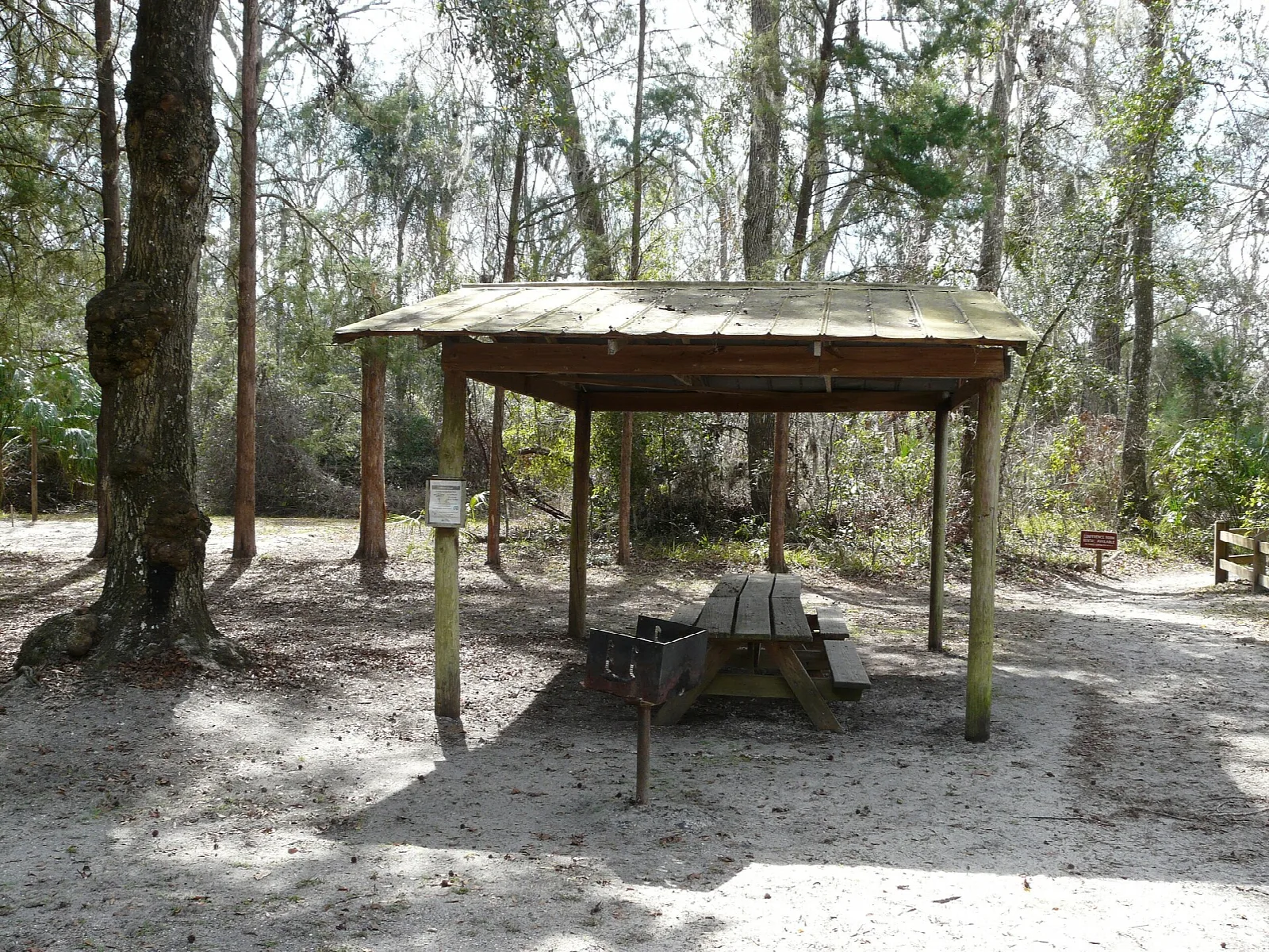 Small picnic shelter and table on sand under trees
