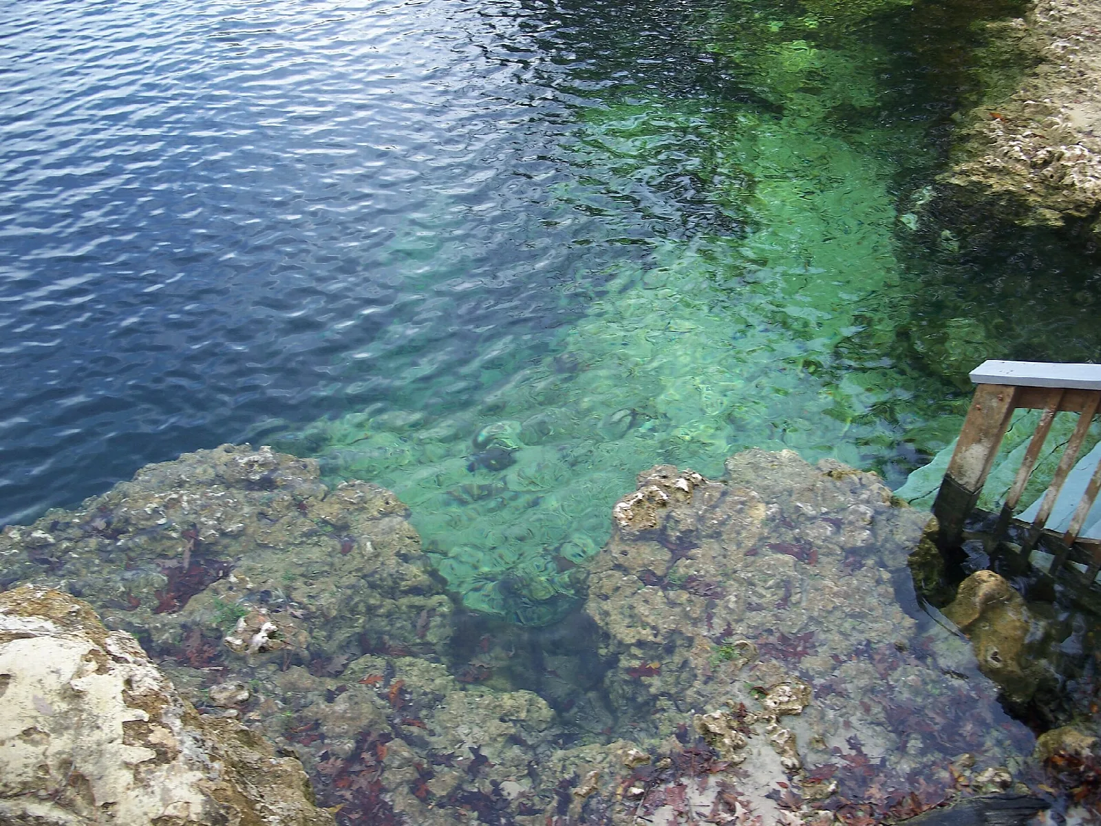 Clear blue-green spring over limestone rocks beside a railed platform