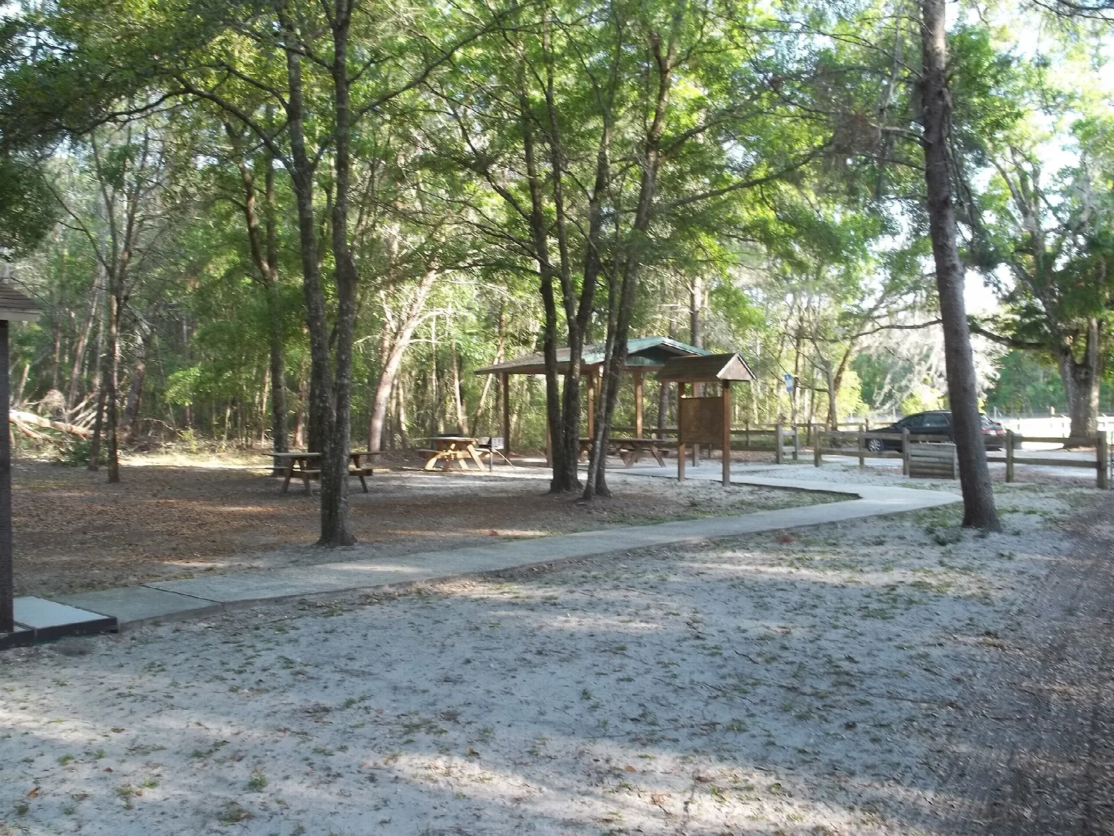 Sandy clearing with picnic tables and a pavilion under pines