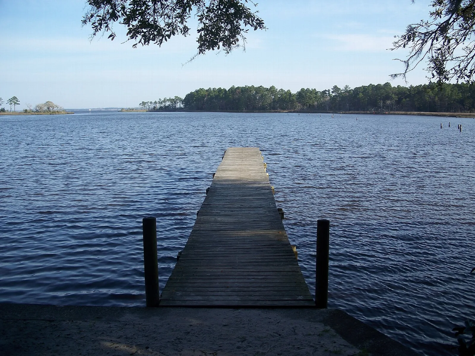 Wooden pier running out into open bayou water