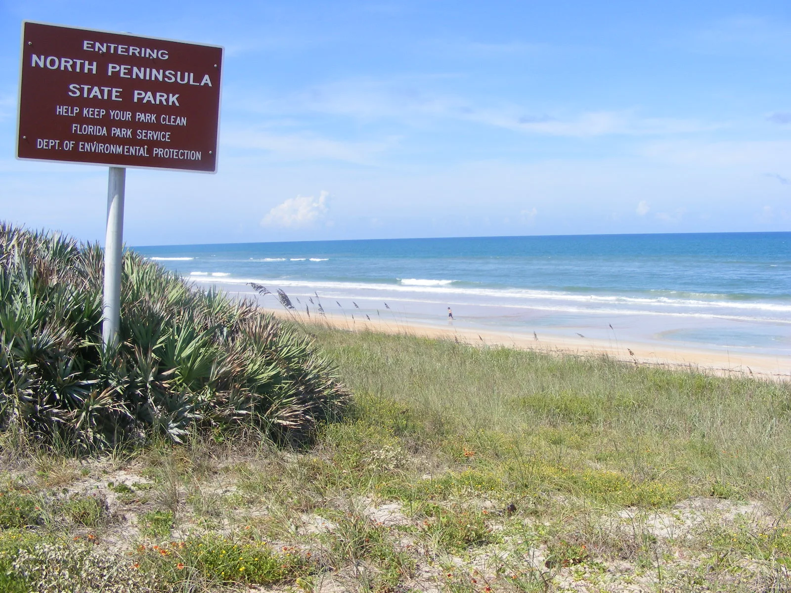 Beach dunes and surf with a park sign on the left