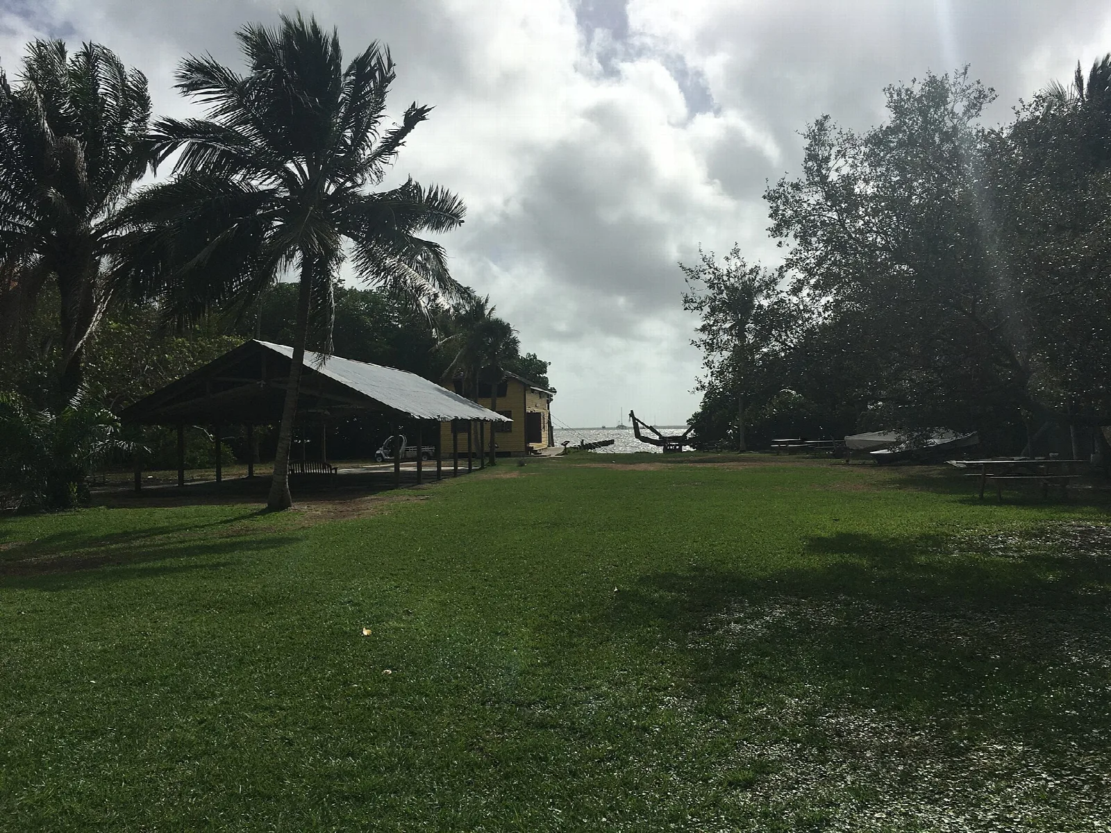 Open lawn with palms and a low pavilion toward the water