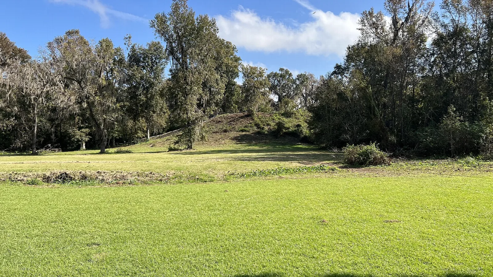 Large grassy ceremonial mound at the edge of a lawn with trees behind