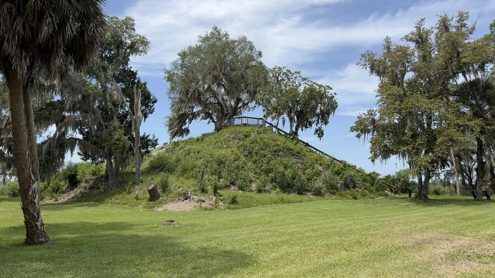 Grass-covered temple mound with a stairway under live oaks