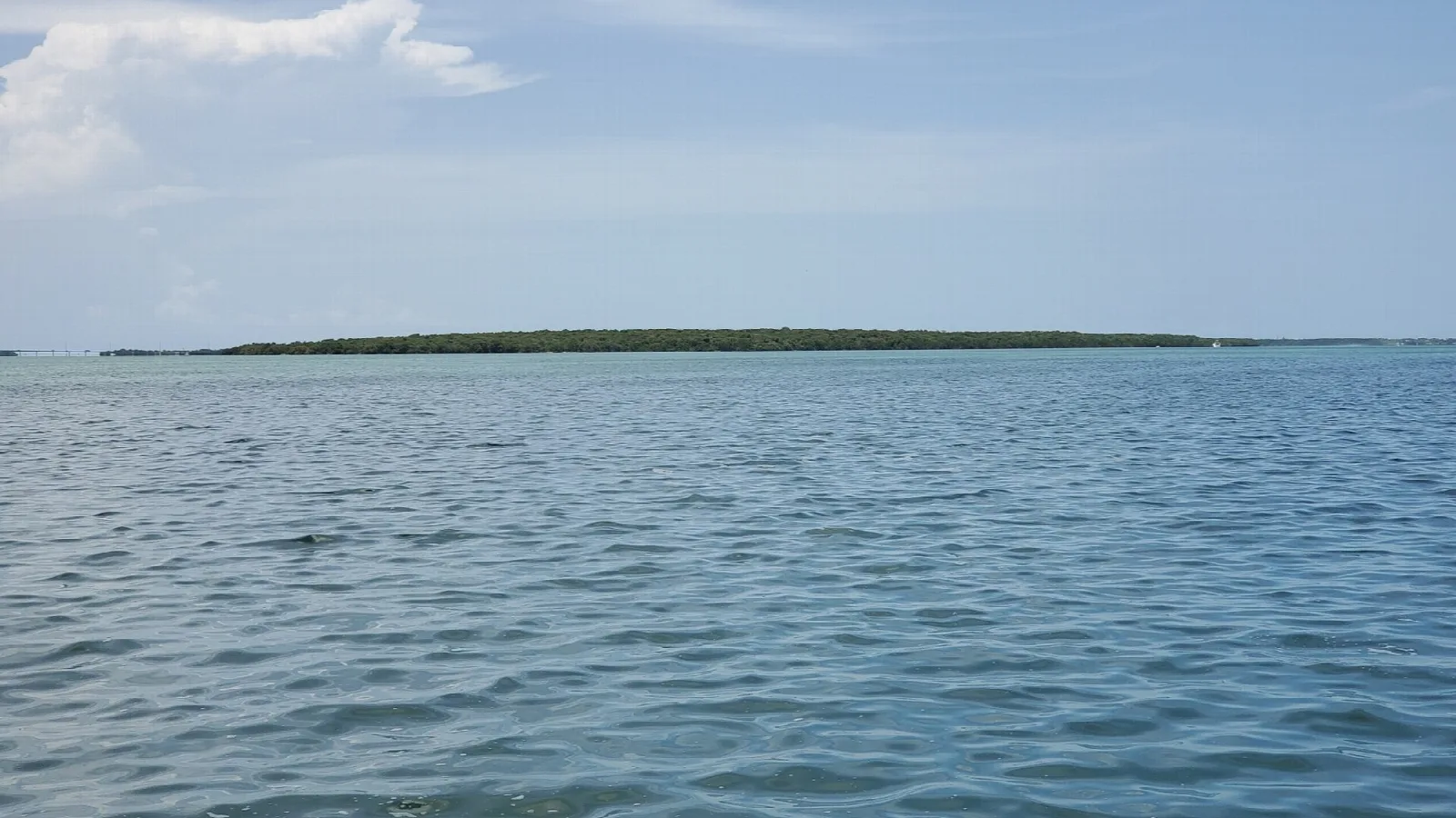 Low green island on a wide stretch of blue bay water