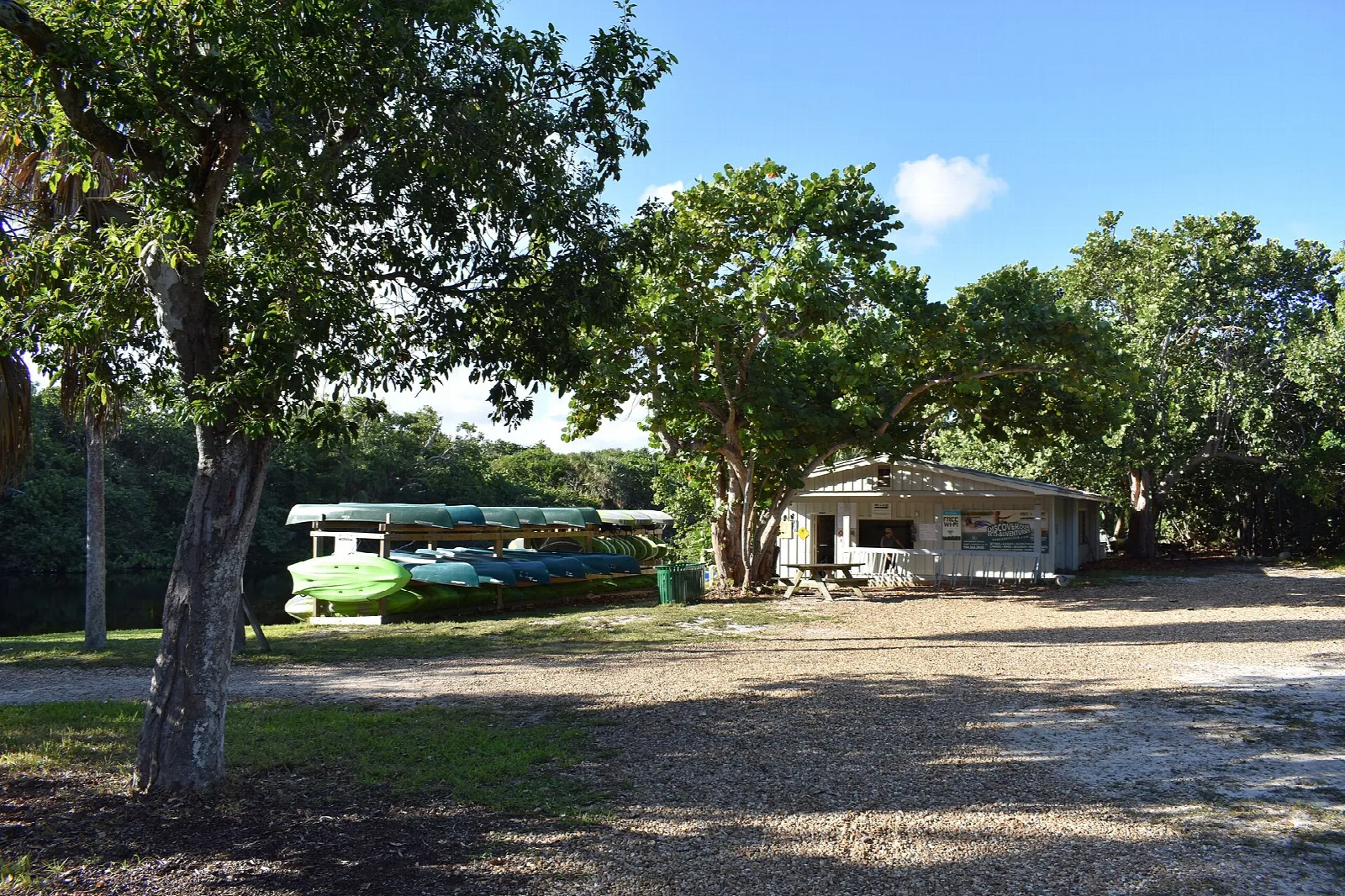 Boat rental area with kayaks under shady trees