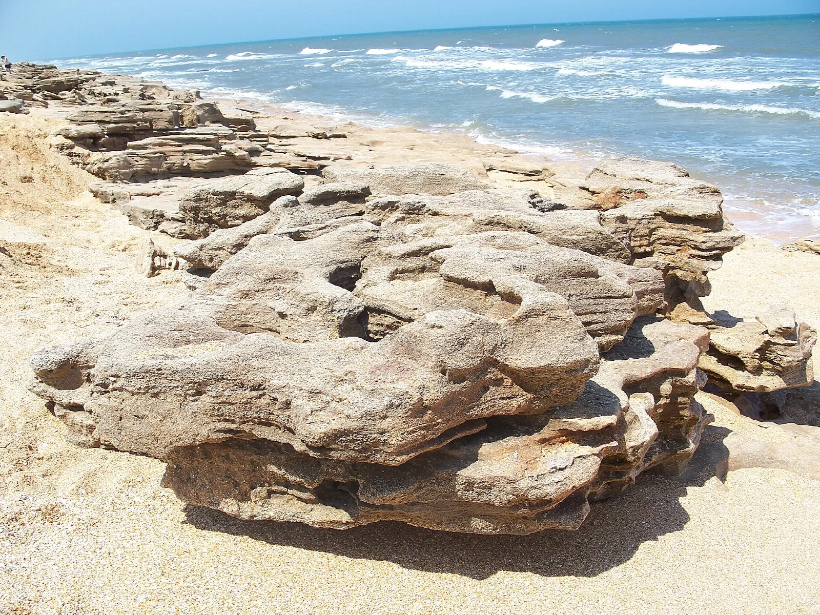 Coquina rock outcrop on the beach with waves behind