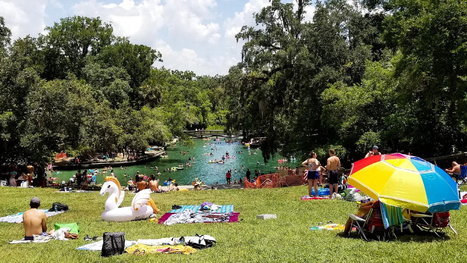 Swimmers and picnickers on the grass beside the spring