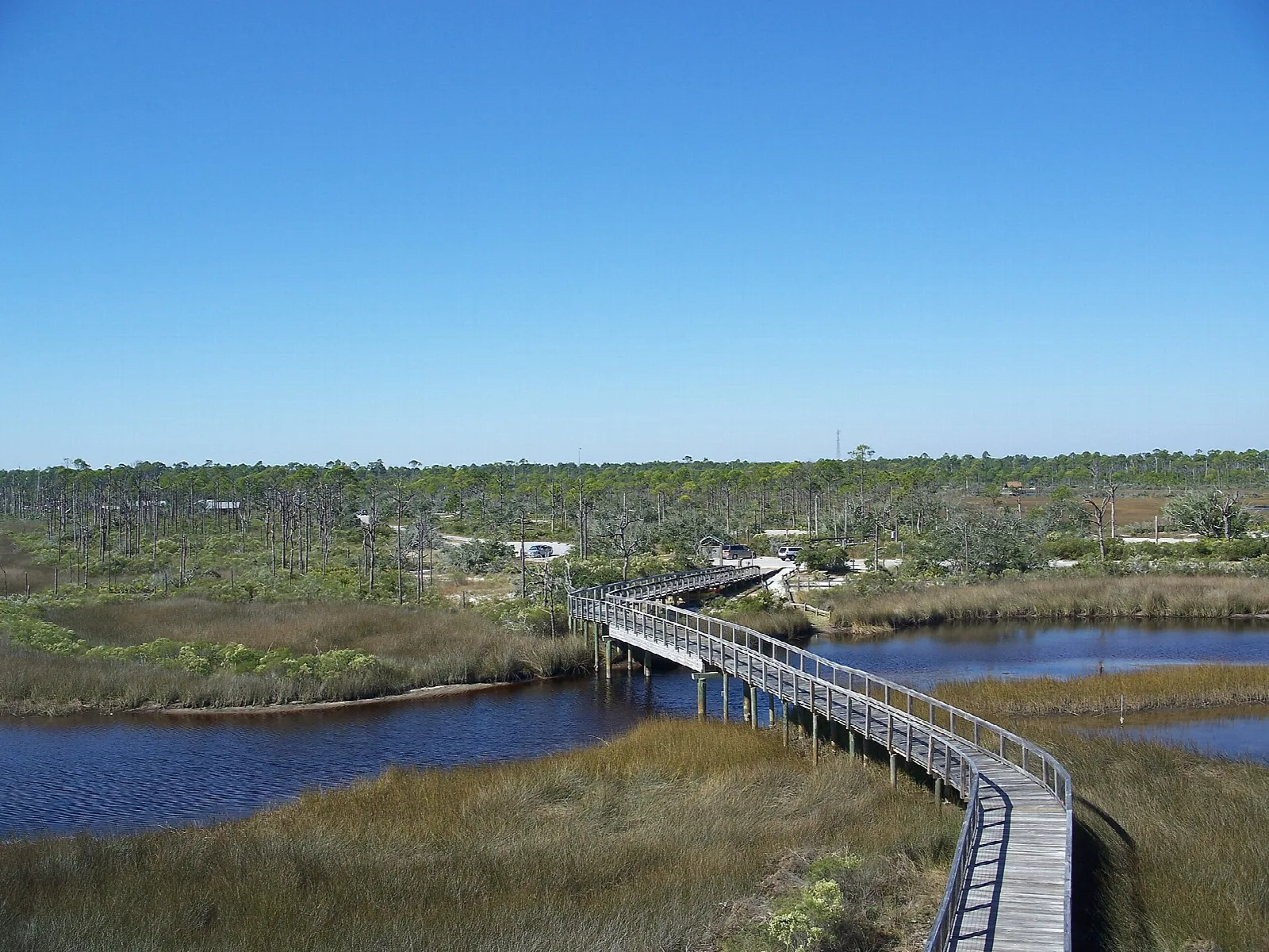 Wooden boardwalk crossing salt marsh and a tidal pool