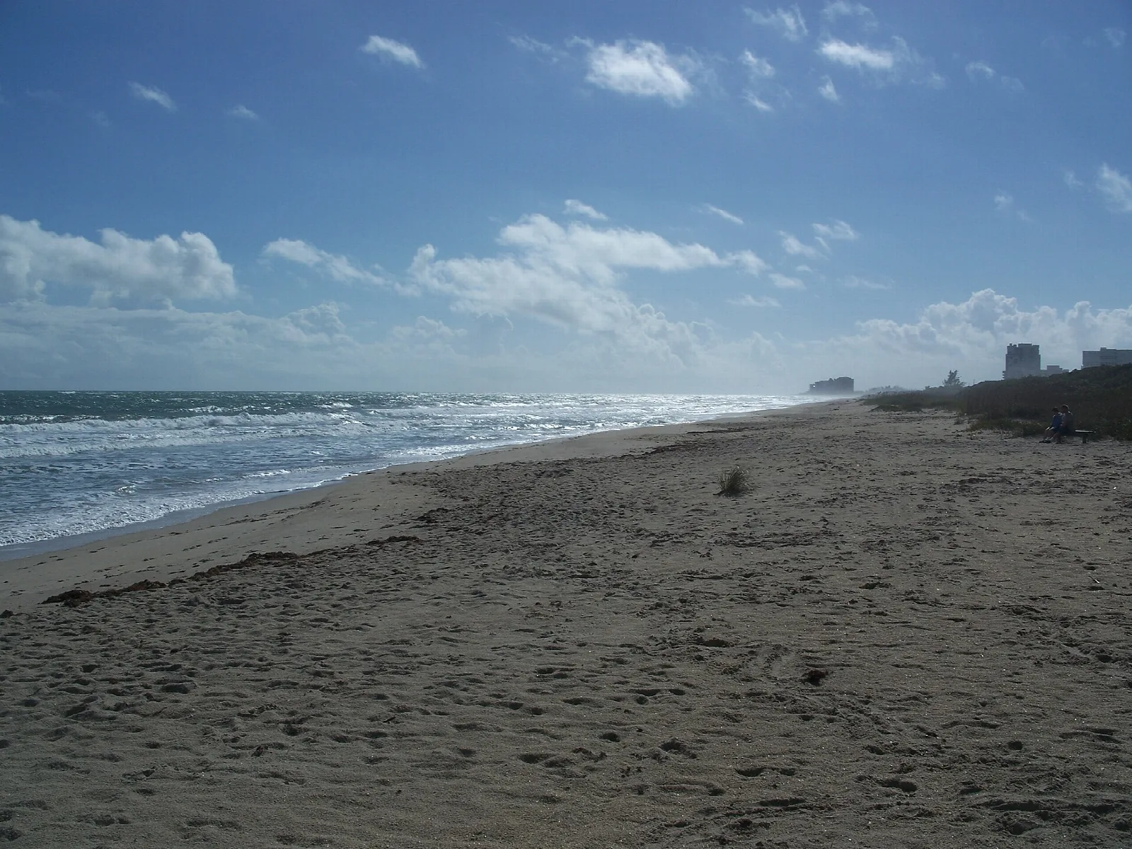Long beach stretching away under a hazy sky