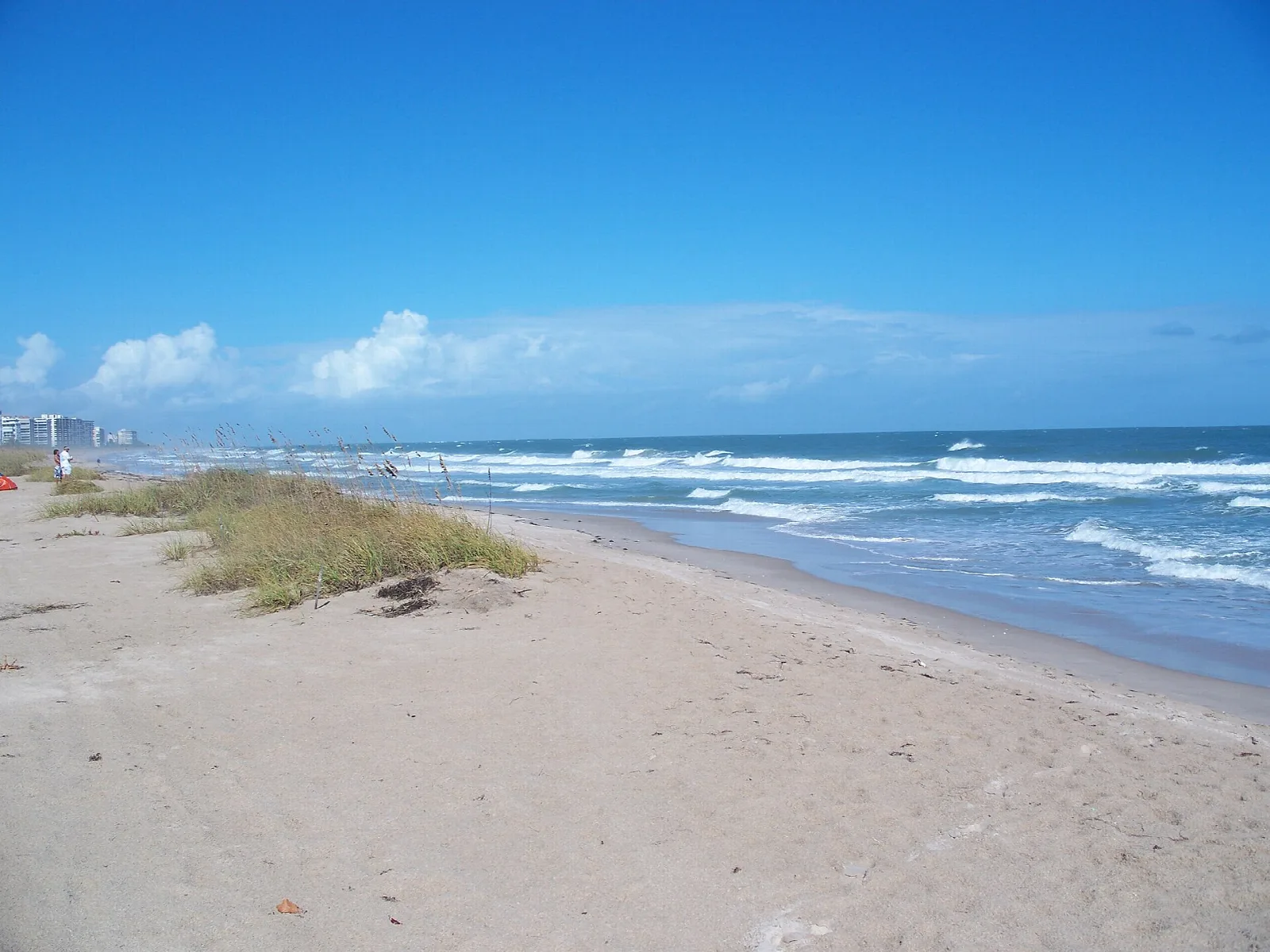 Wide sandy beach with surf and a distant condo skyline