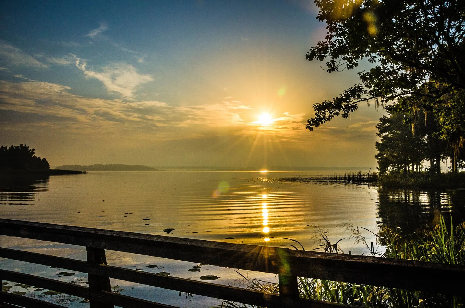 Sun low over a wide lake beside a wooden railing and trees