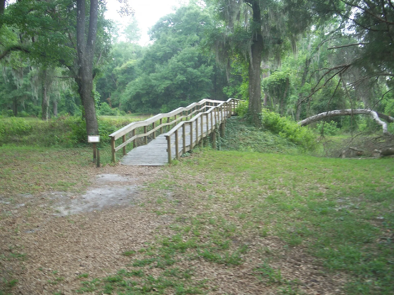 Wooden footbridge crossing a green dip under moss-hung oaks