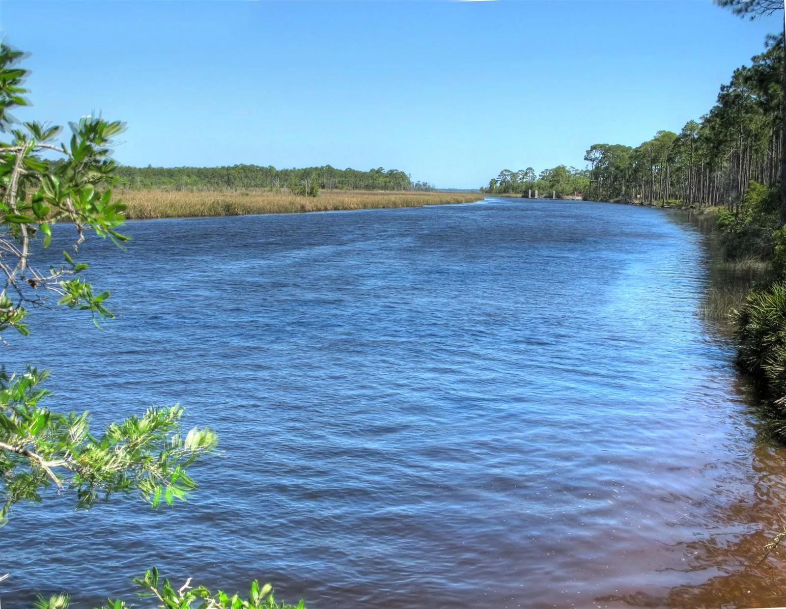 Blue river water ruffled by wind between green banks