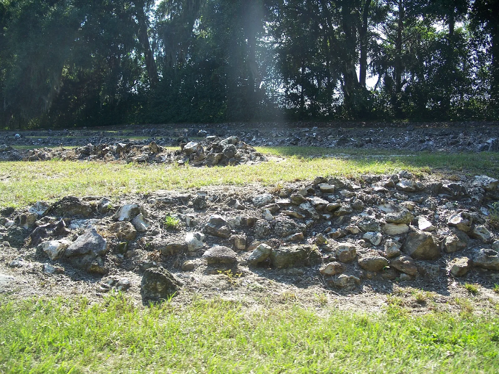 Grassy hillside with a curved terrace of rock walls