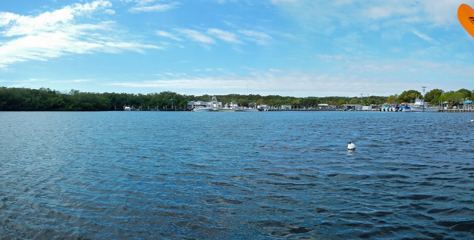 Wide blue harbor with a boat marina on the far shore