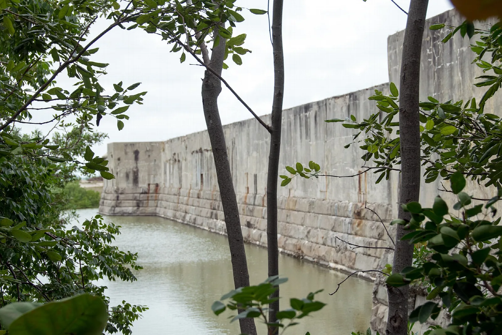 High stone wall running along a green moat beside trees