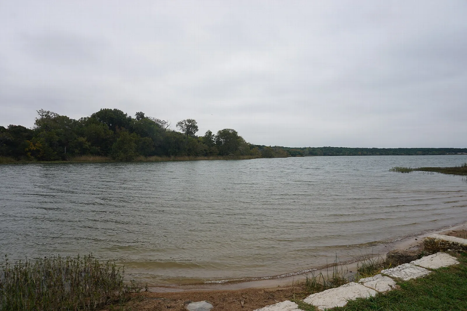 Calm gray lake with a tree-covered point under an overcast sky