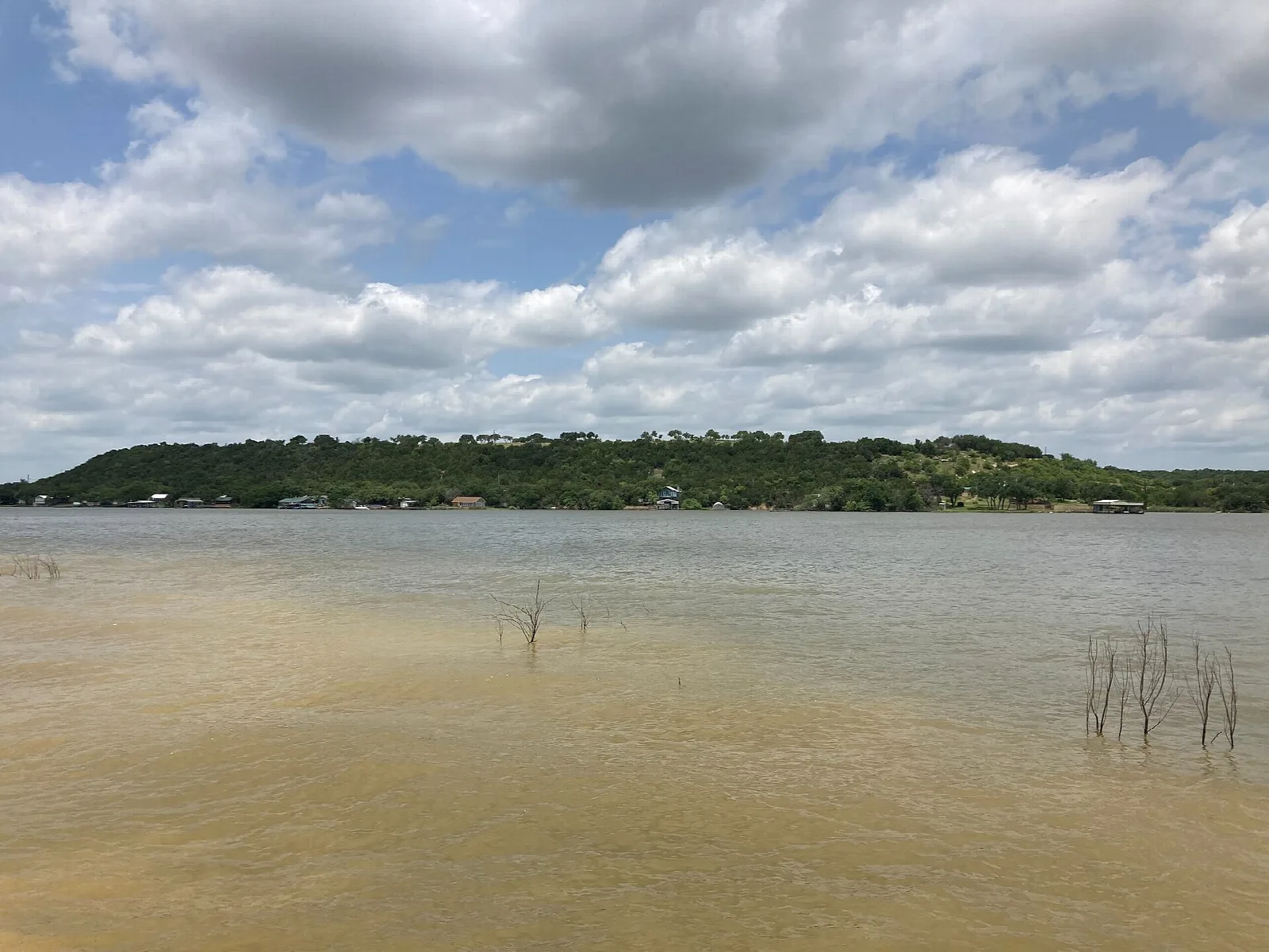 Shallow lake with a tree-lined far shore under cloudy sky