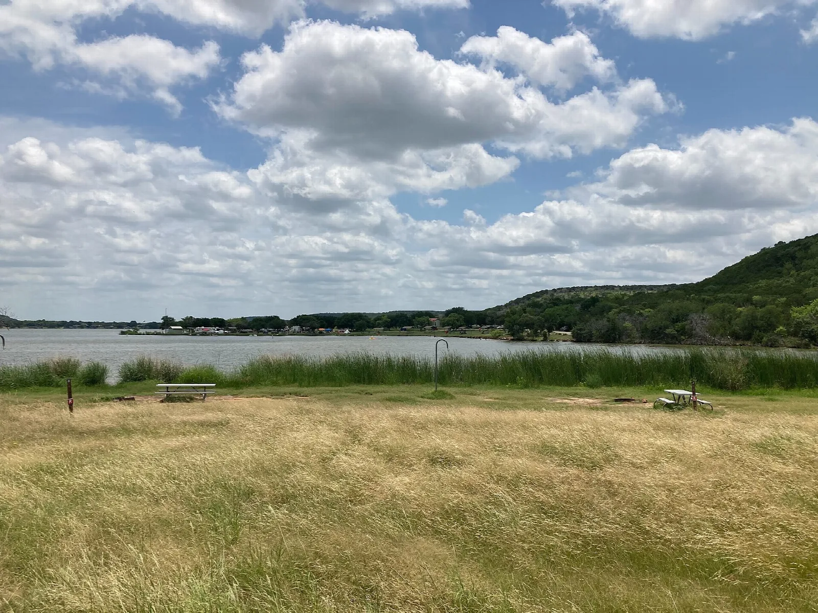 Grassy shore of a wide lake with a wooded hill beyond