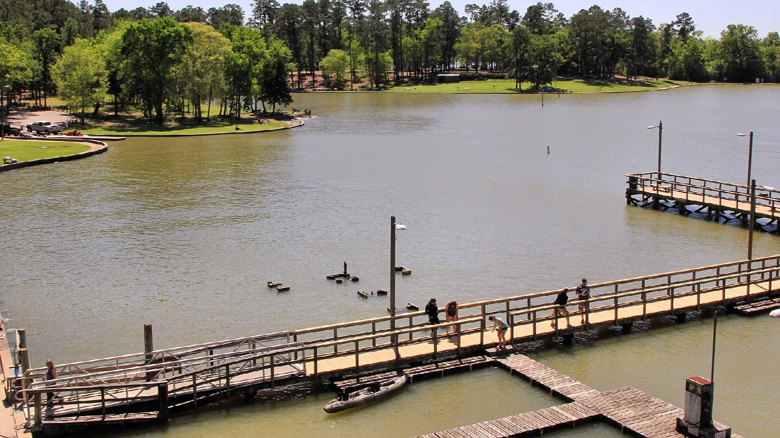 Wooden boat docks on a brown lake edged by pines