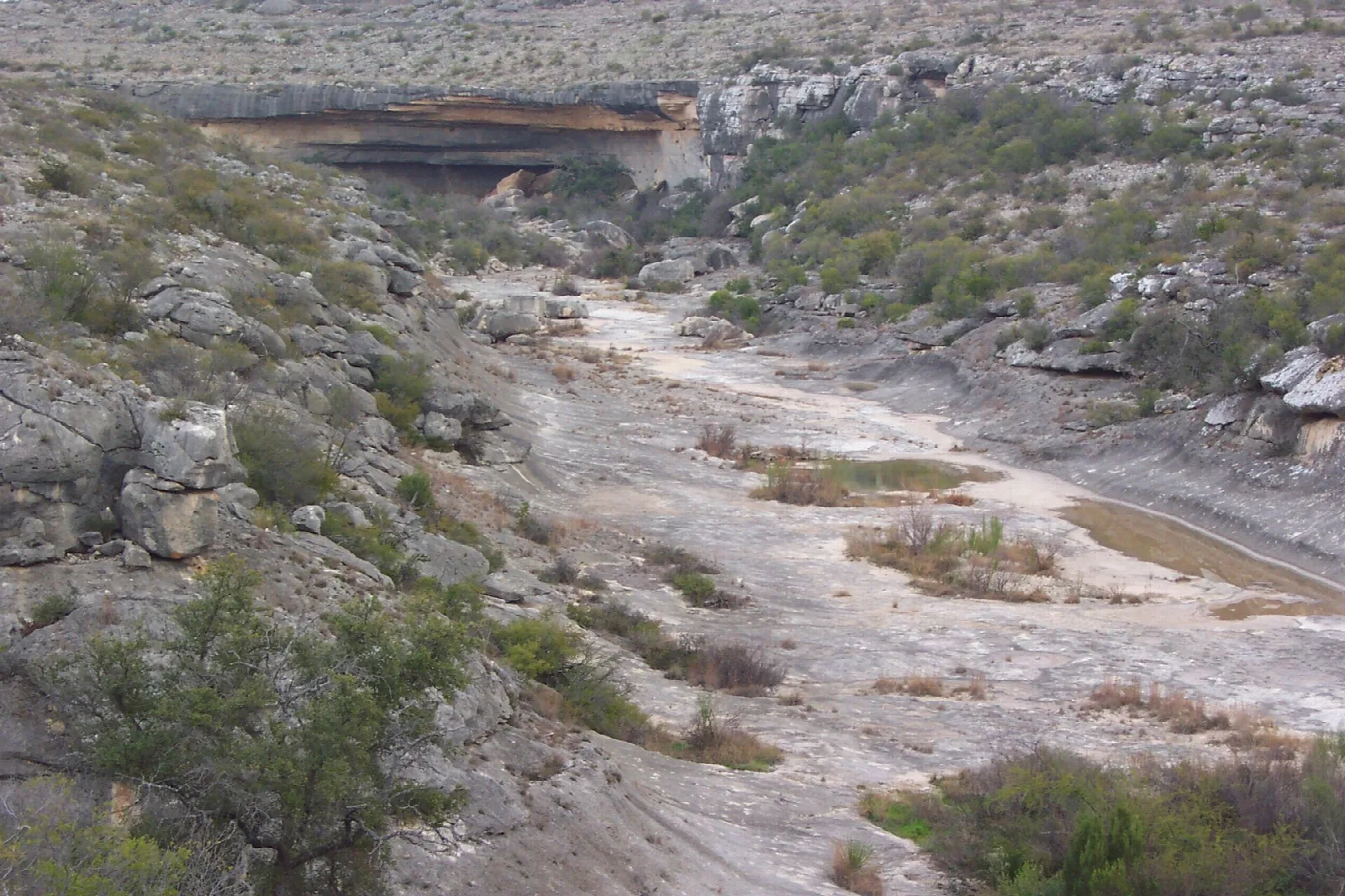 Dry canyon floor with rock shelters in the canyon wall