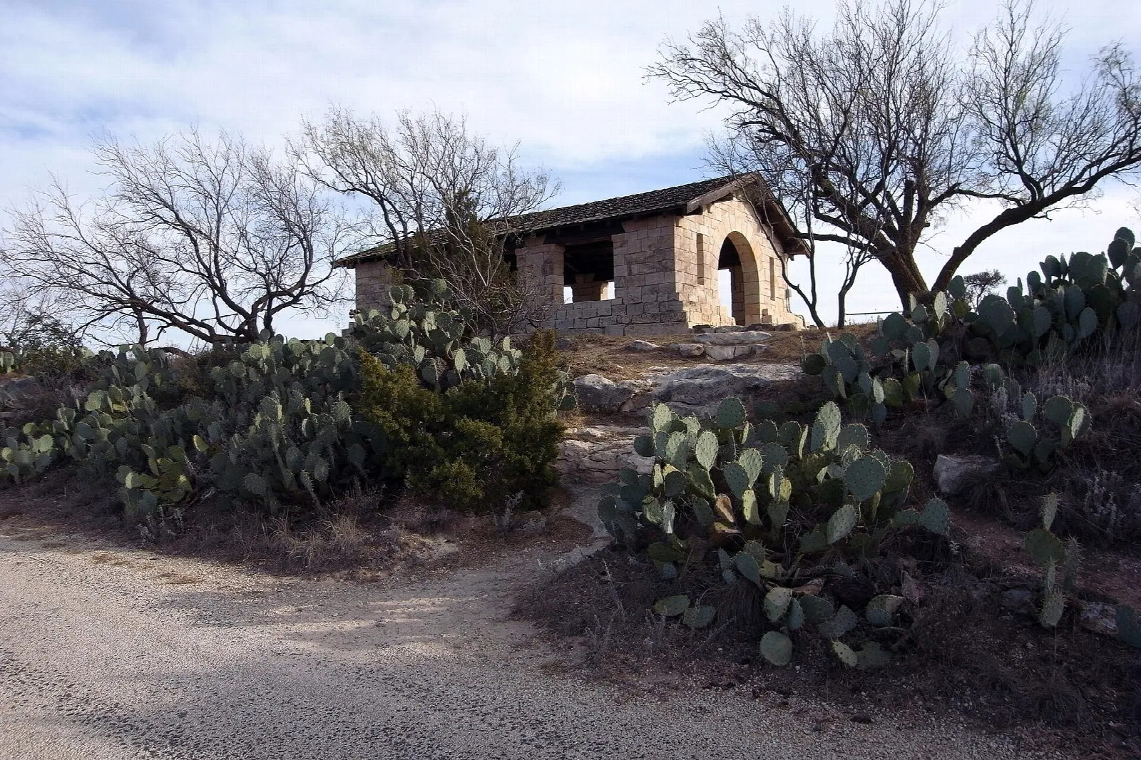 Stone shelter among prickly pear cactus and bare trees