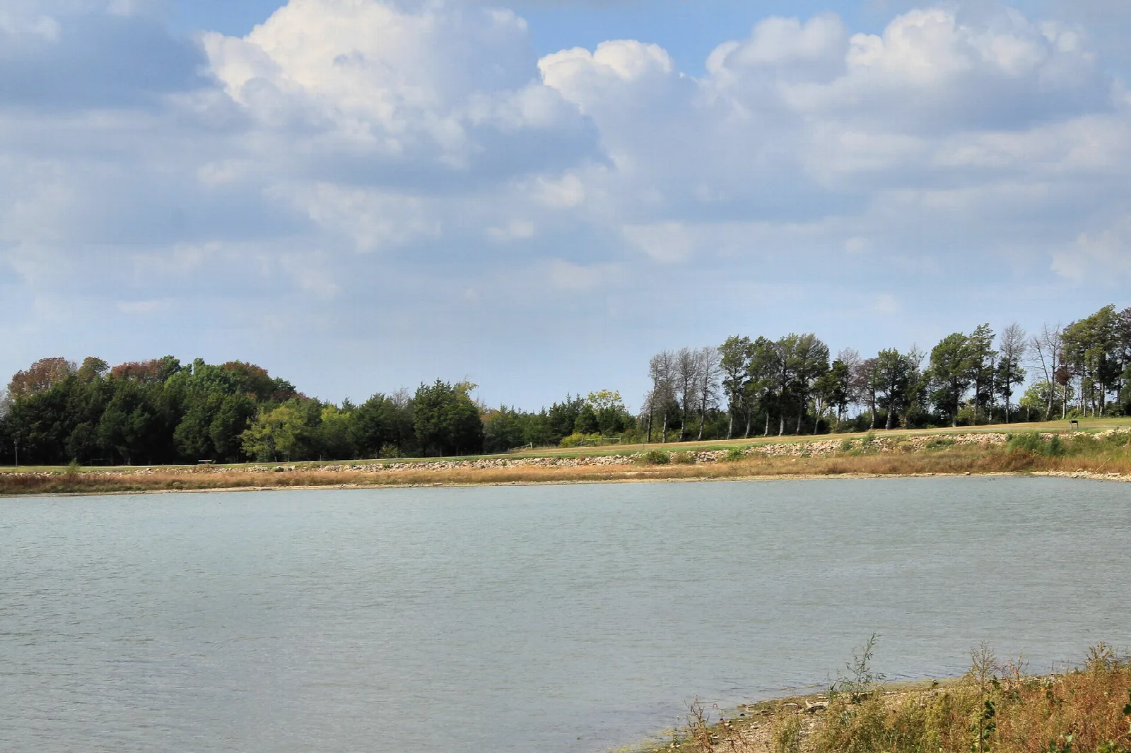 Calm lake with a grassy dam bank and trees along the far shore under a cloudy sky