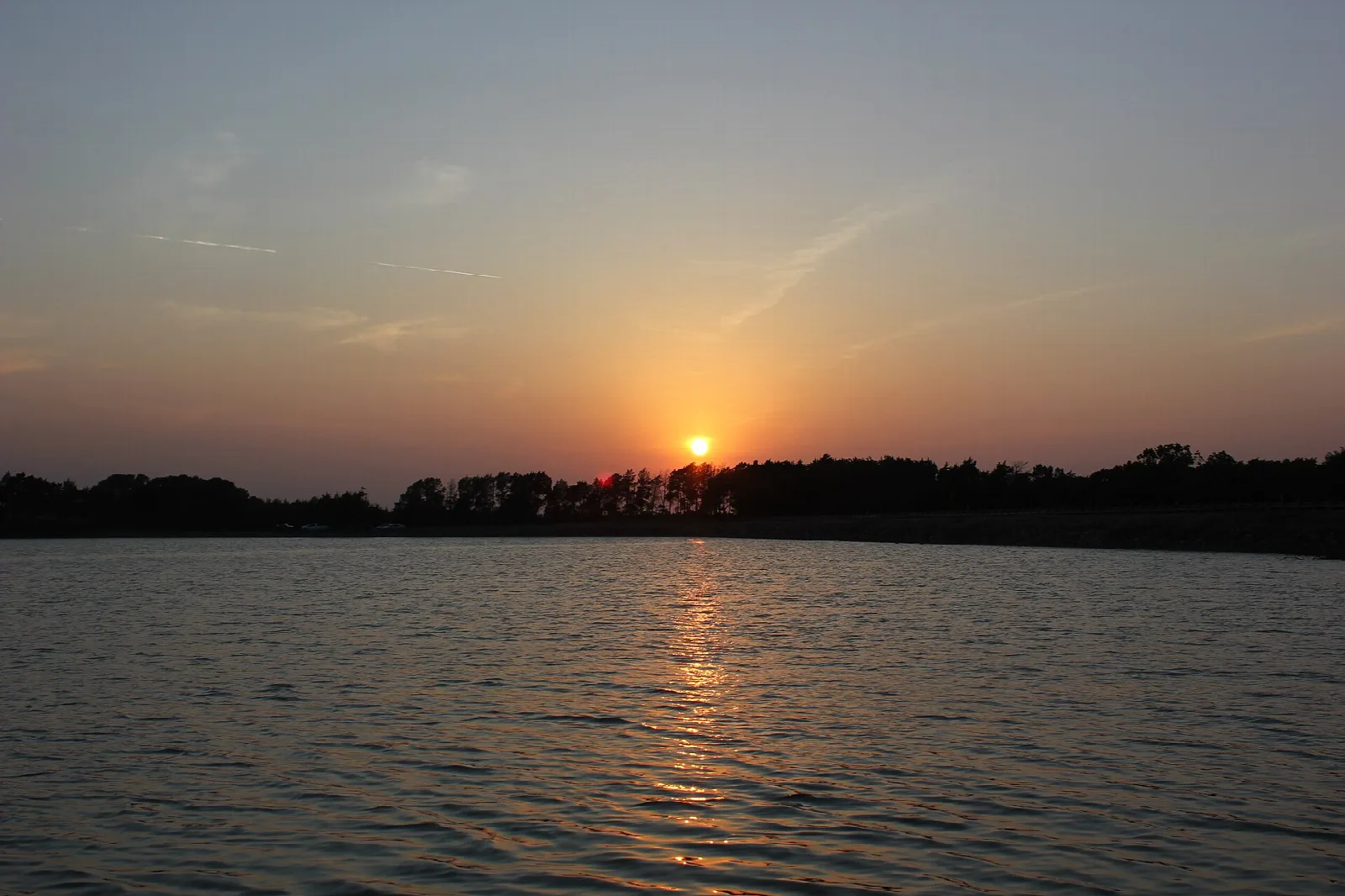 Sun setting over a still lake with a dark tree line on the horizon