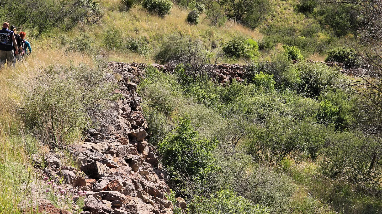 Rock retaining wall beside a trail through green scrub