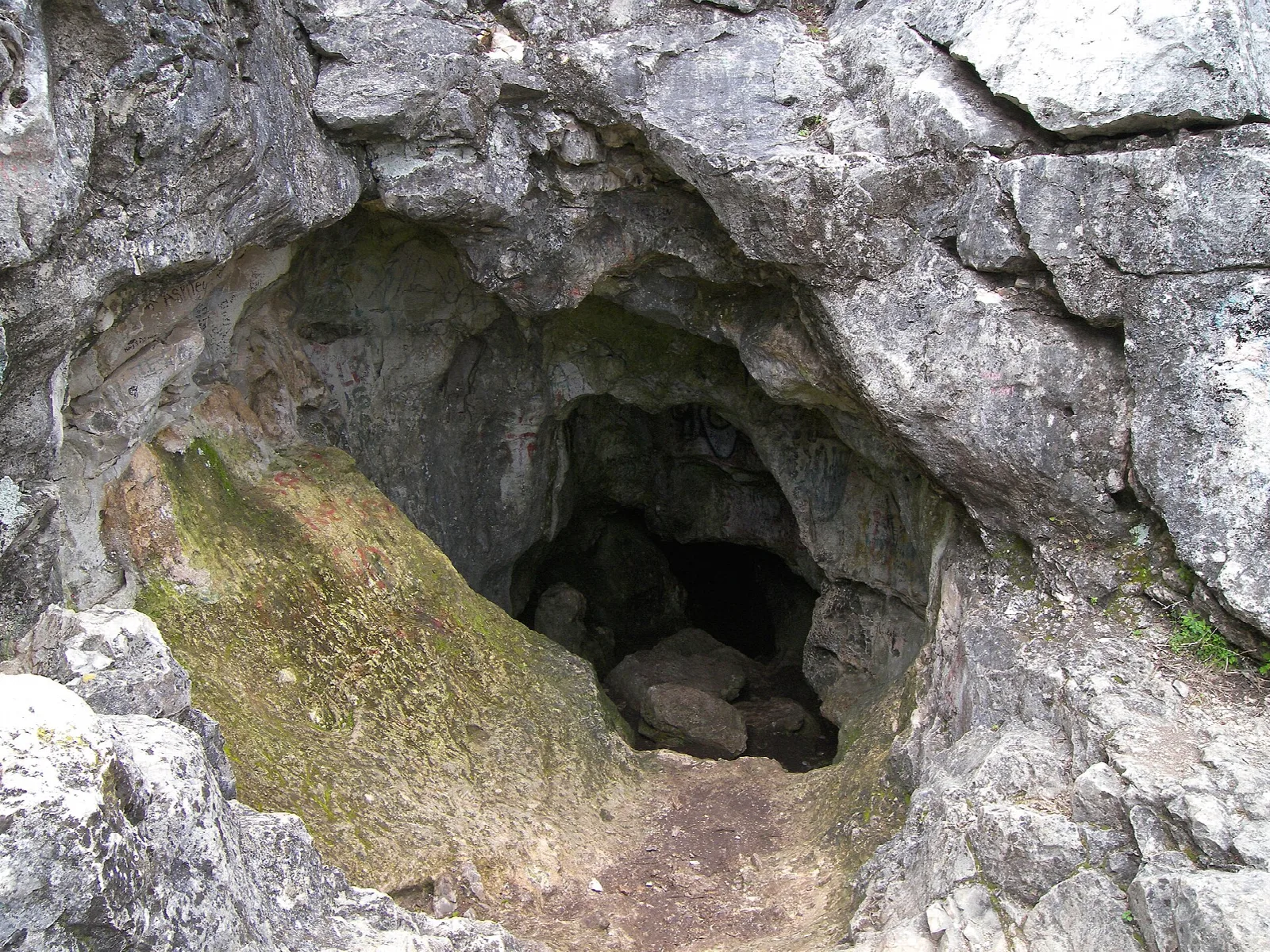 Small rocky cave opening in gray limestone