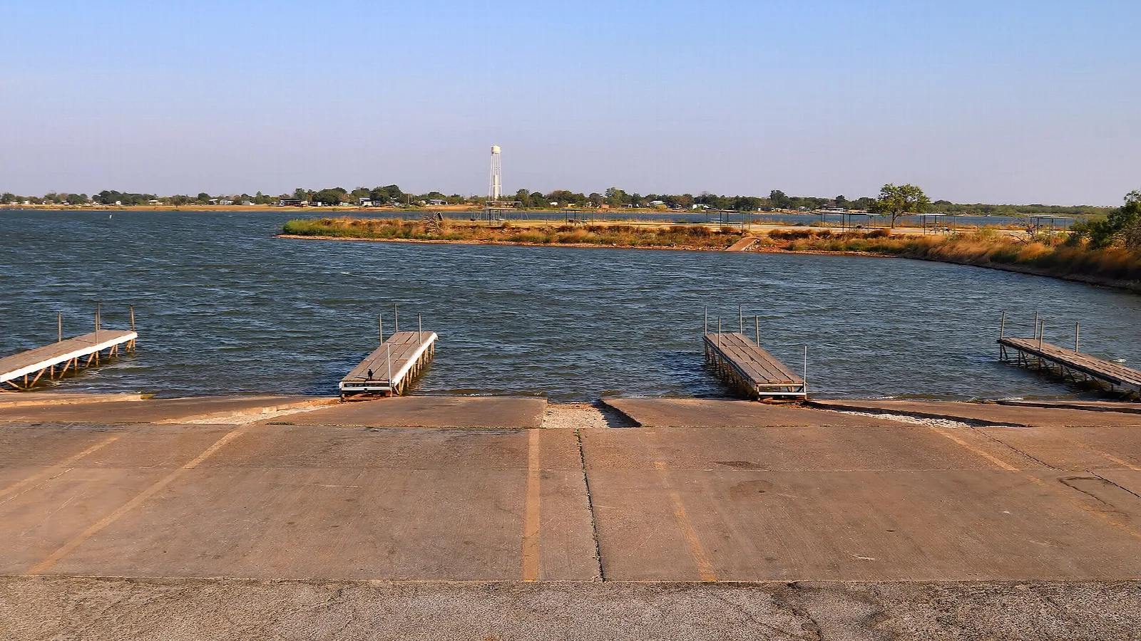 Concrete boat ramp and floating docks on the lake