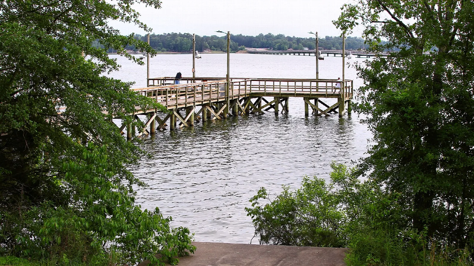Wooden fishing pier reaching into a lake, framed by trees