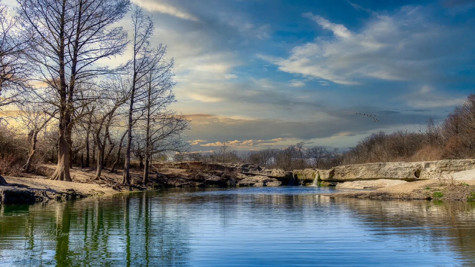 Blue pool below a rocky ledge with bare cypress trees and clouds