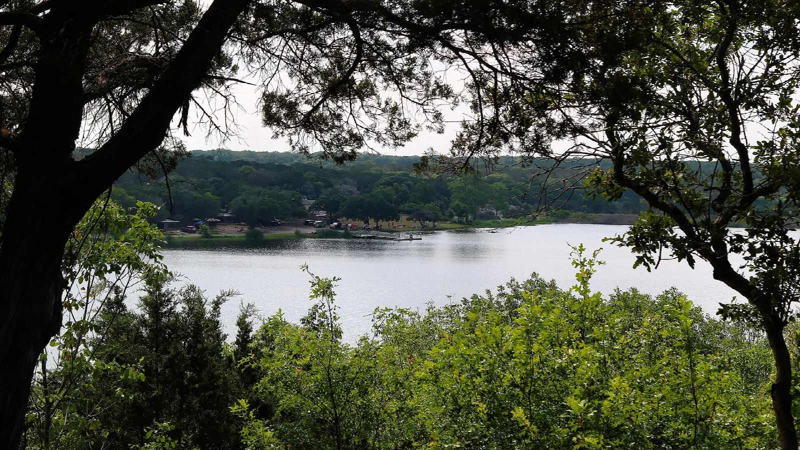 Lake view framed by tree branches and green shrubs