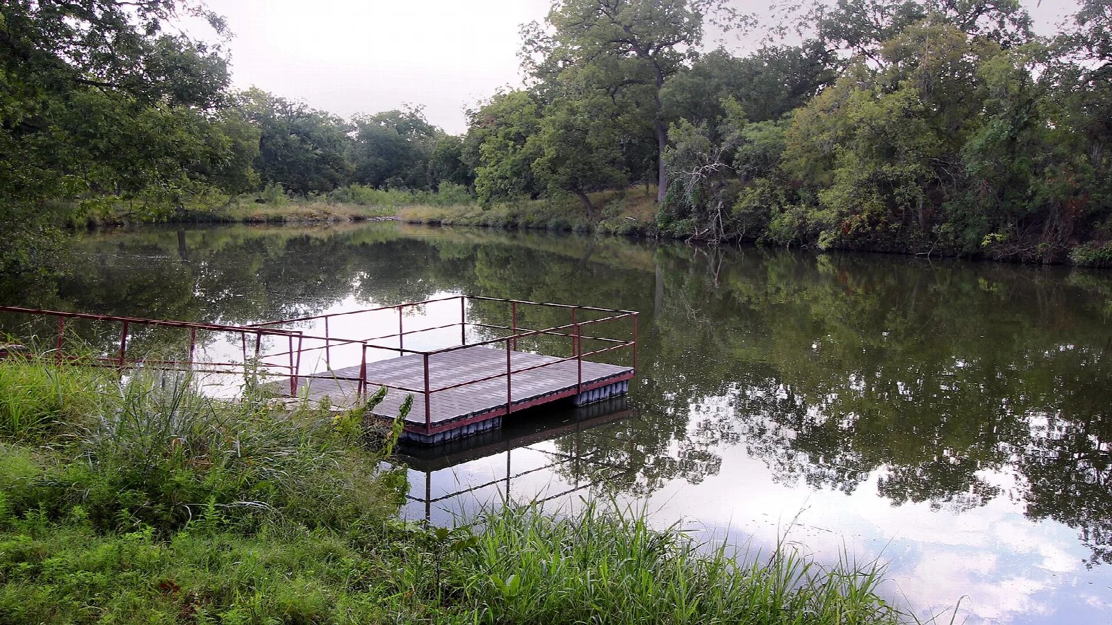 Fishing pier on a lake edge lined with trees
