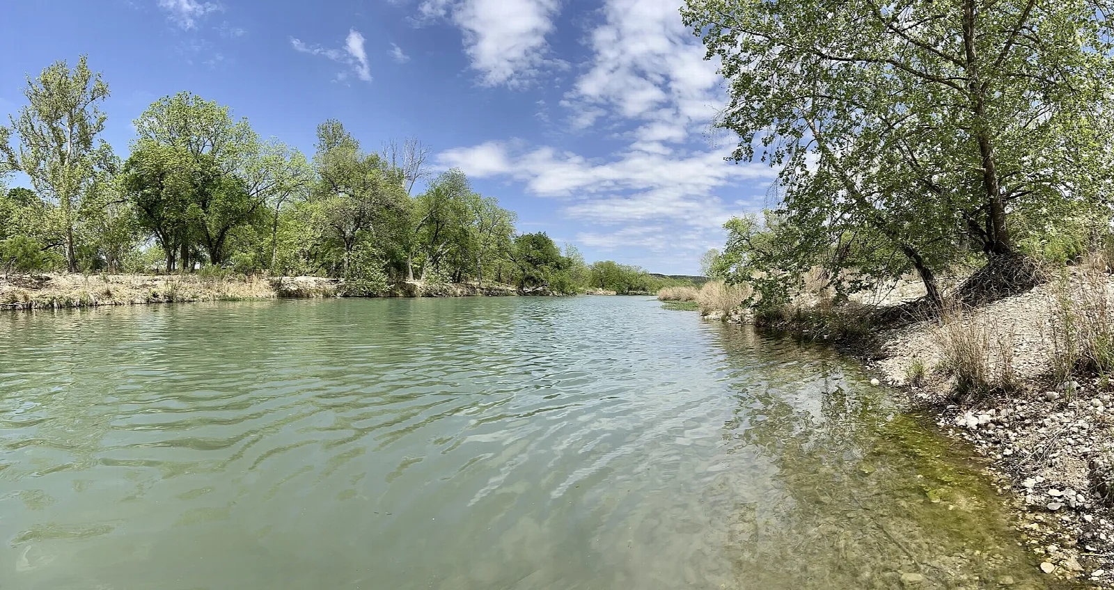 River with trees on both banks under blue sky