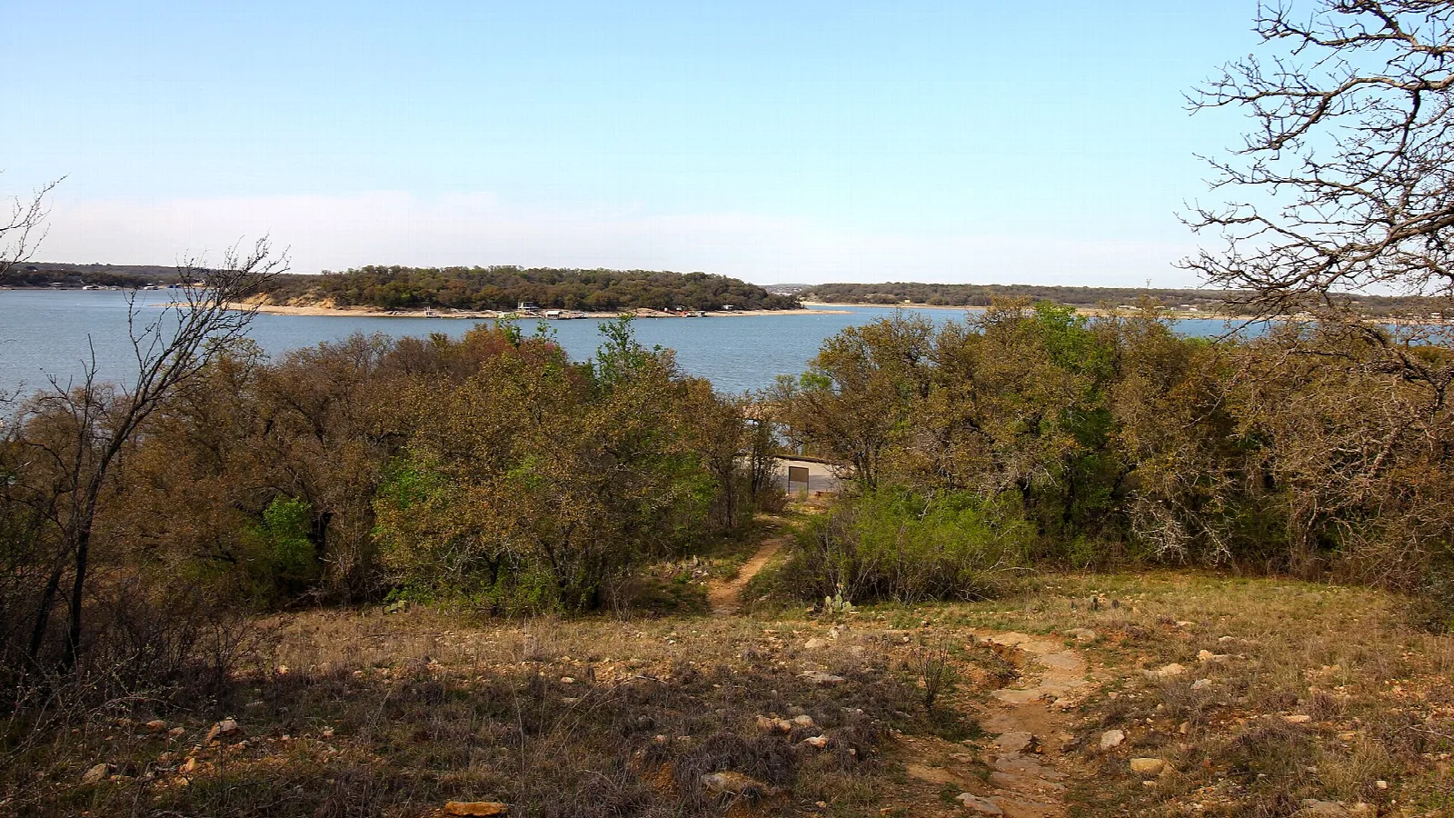 Lake view over shrubs and a grassy slope