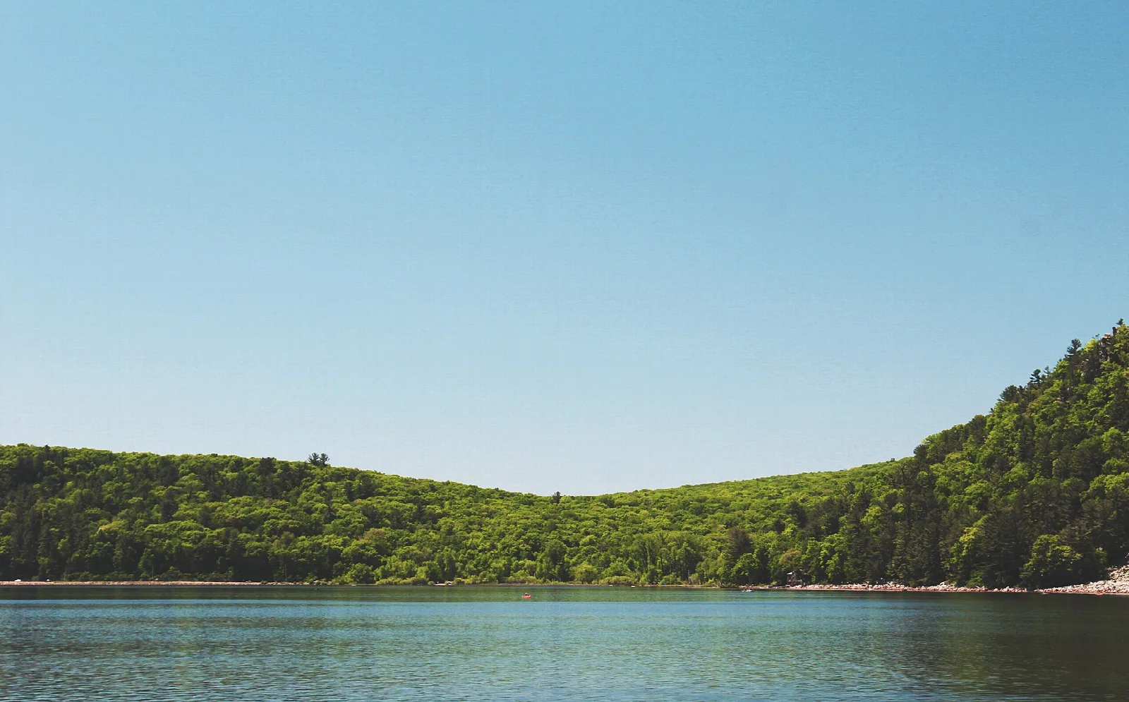 Calm lake below a tree-covered ridge under a clear sky