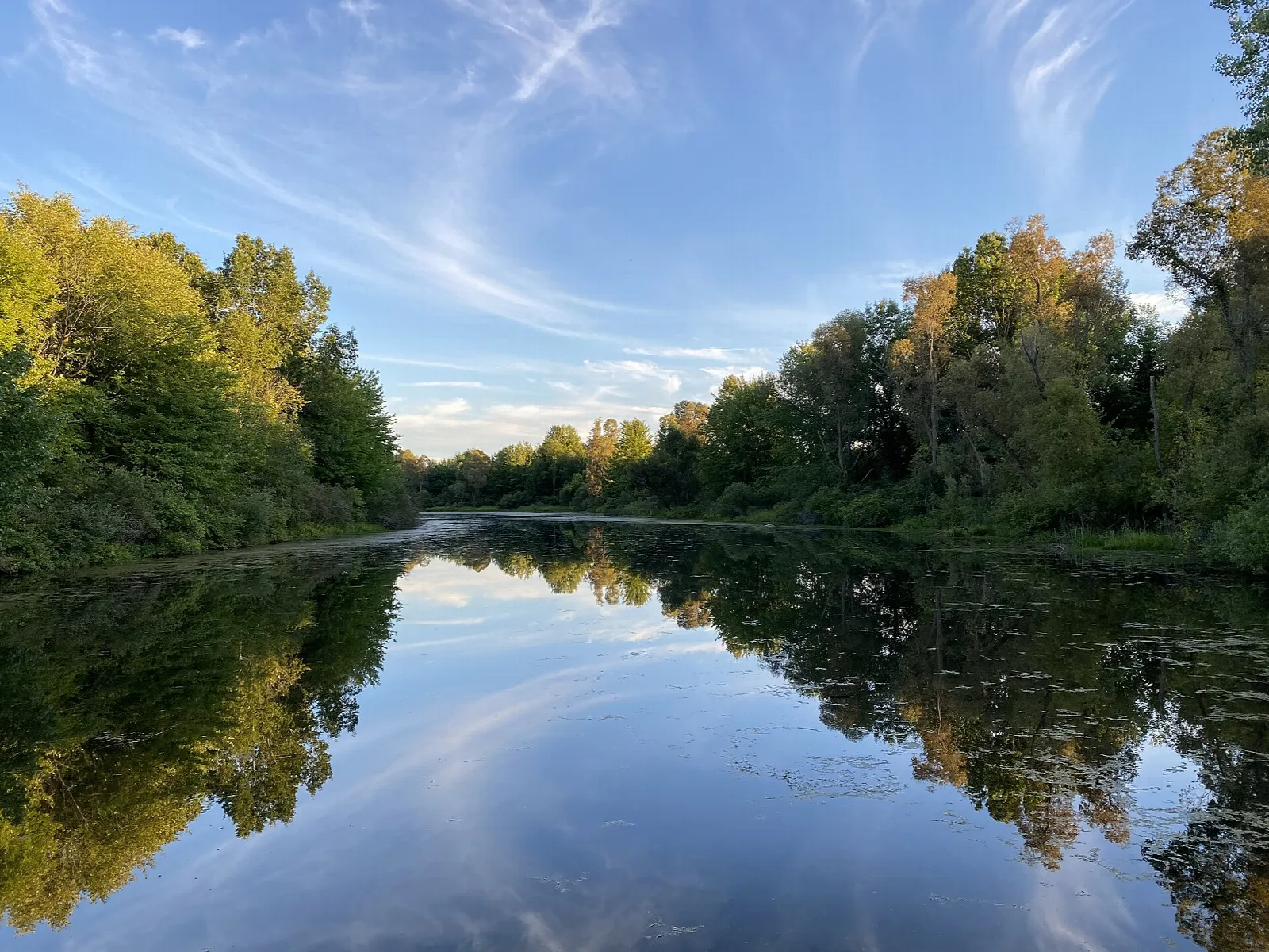 Calm lake reflecting autumn-colored trees and wispy clouds