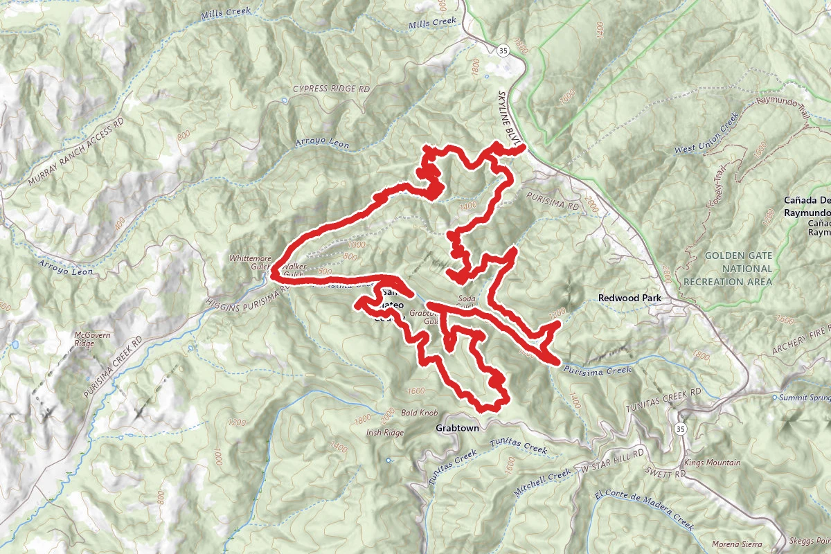 North Ridge, Whittemore Gulch, Purisima Creek, Borden Hatch Mill, Grabtown Gulch, Craig Britton and Harkins Ridge Loop