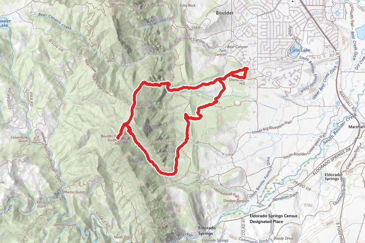 Bear Peak and South Boulder Peak via Shanahan North Fork, Fern Canyon and Mesa Trail