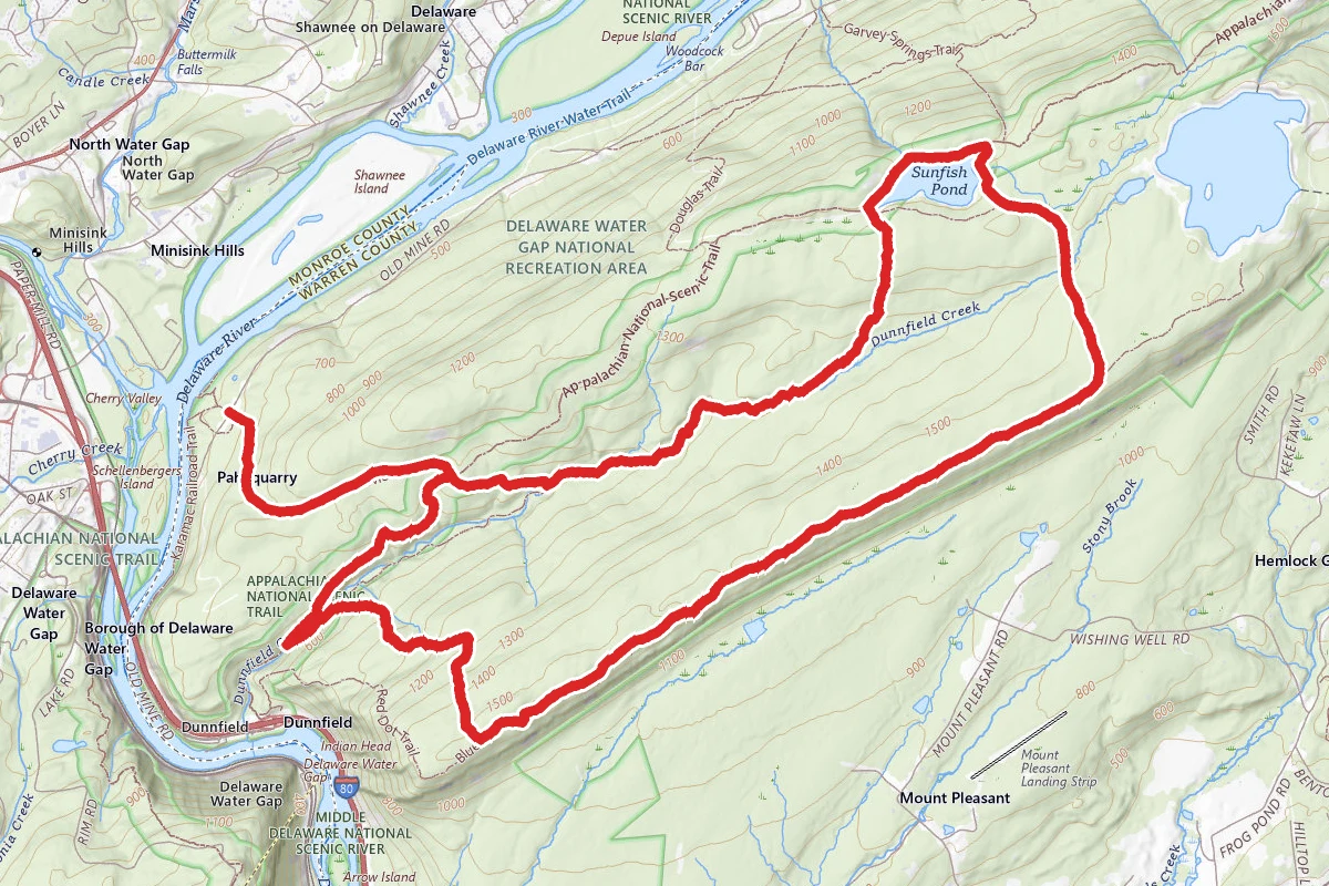 Fairview, Appalachian, Blue Dot, Fire Road, Turquoise, and Dunnfield Creek Trails Loop
