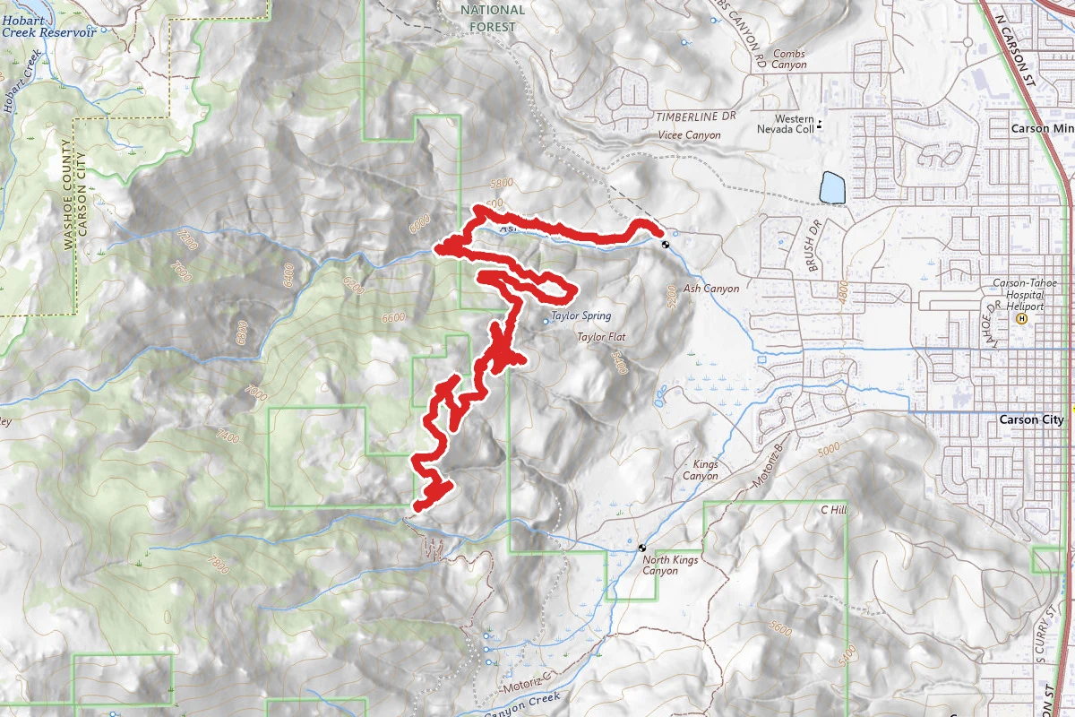 Ash Canyon to Kings Canyon Trail route map