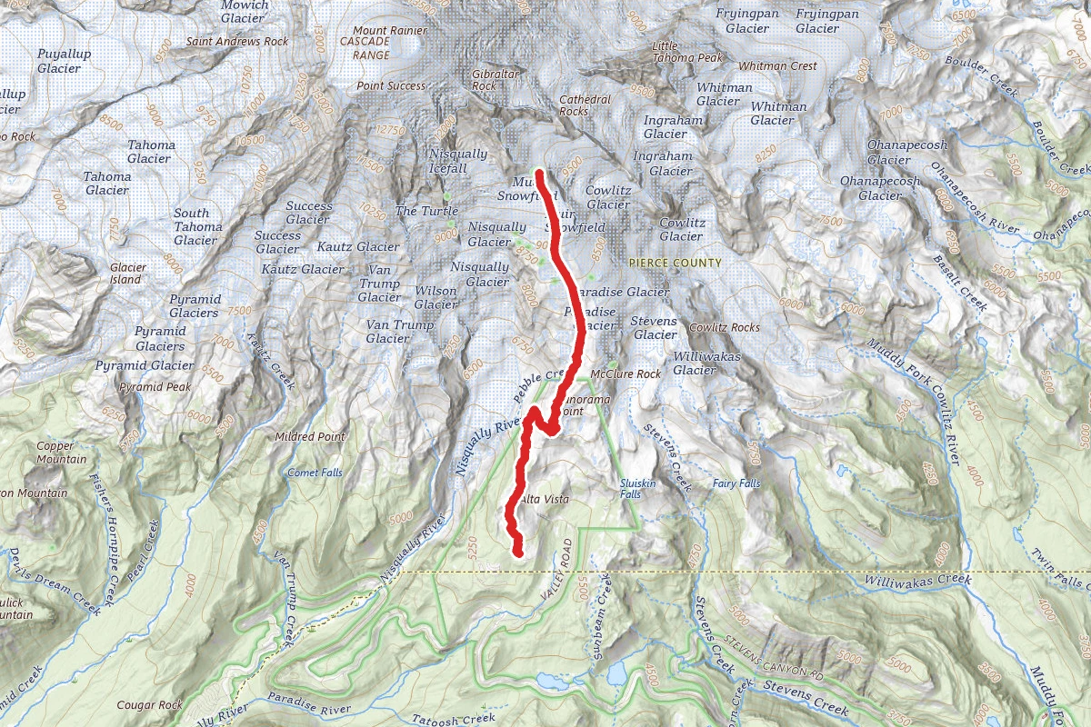 Camp Muir Route Via Skyline Trail route map