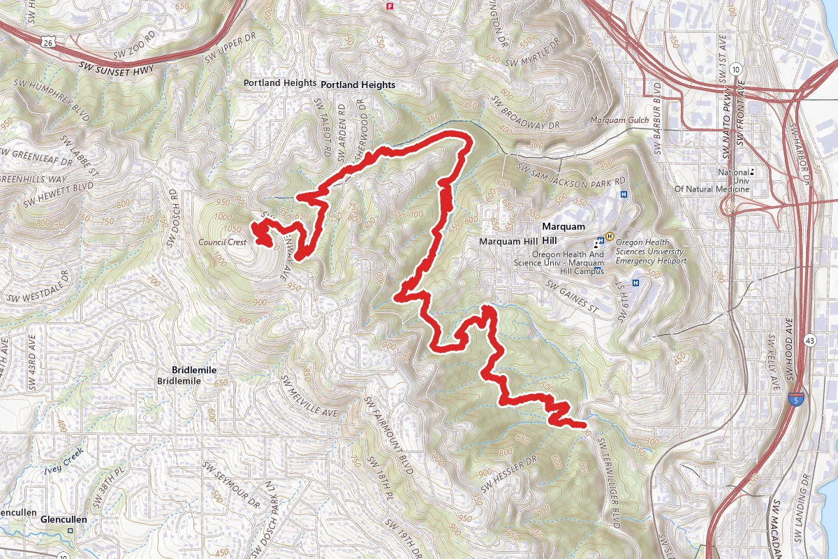 Flicker, Towhee, Upper Marquam Hill and Council Crest Trail